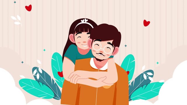 Girl hugs her dad from behind. They both smile warmly, sharing affection. Red hearts float around them, adding charm. Soft leaves and stripes form a gentle background. Ideal for family, father's day