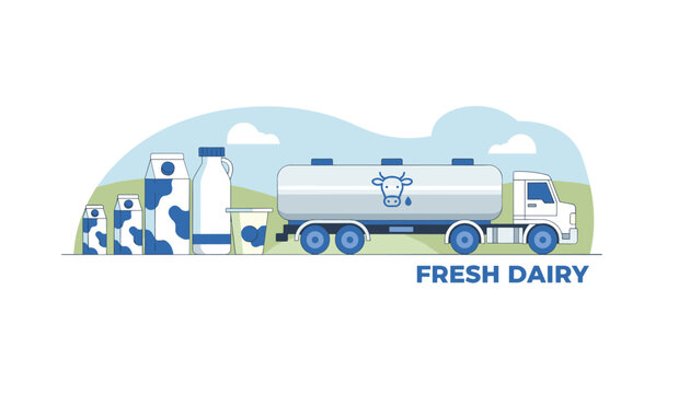 Dairy production vector concept showing various fresh milk packages alongside a milk tanker truck on a farm.