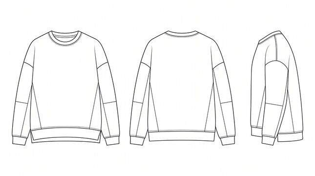 Oversized Crewneck Sweatshirt Technical Flat Sketch - Front, Back, and Side Views Vector Template