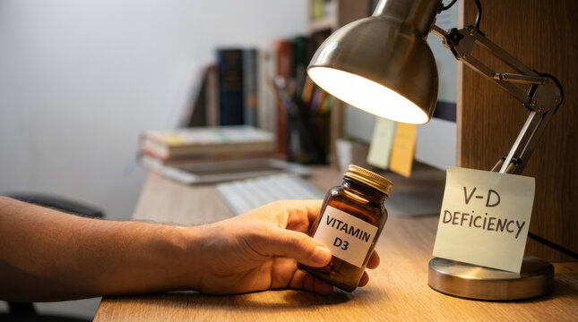 Vitamin d3 bottle in hand near desk lamp and note about deficiency, labor and gig economy stress