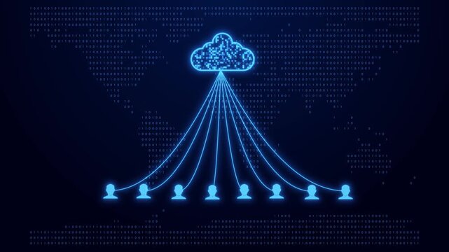 Glowing blue neon cloud computing icon connected to multiple user profile symbols with digital binary code world map background for technology concept.