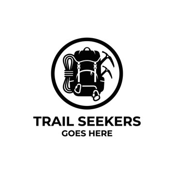 Adventure backpack with pickaxe and rope for hiking and travel branding.