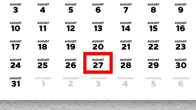 Red cursor highlighting August 27th on a 2026 wall calendar page