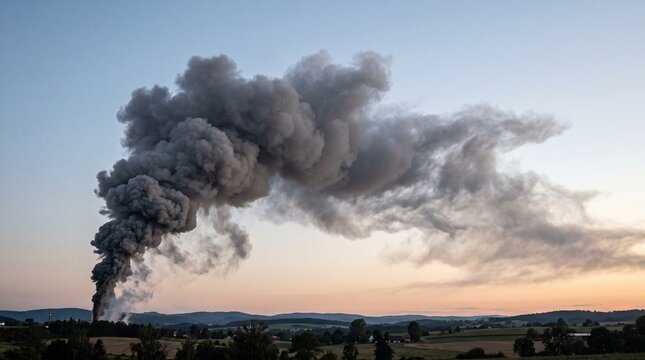 Large column of black smoke billows into the evening sky from a distant industrial fire, creating an ominous scene at dusk