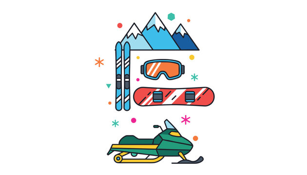 Winter sports equipment collection including skis, snowboard, goggles, and snowmobile against mountain backdrop.