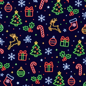 Seamless Christmas pattern with colorful neon pixel art holiday icons