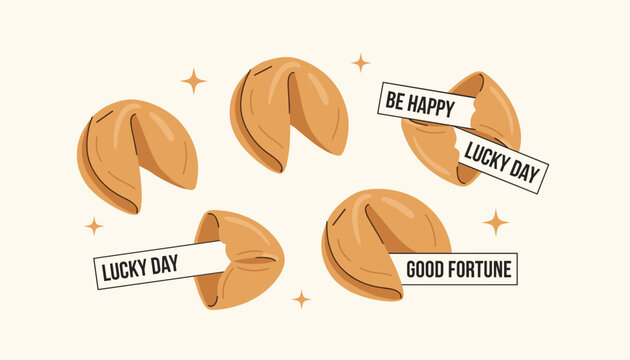 Traditional fortune cookies with lucky message slips and sparkling stars scattered on light beige background.