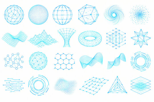 Set of blue circle dot icons and abstract geometric graphic elements