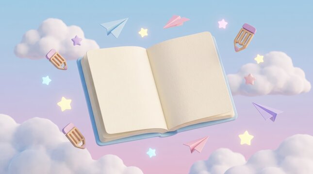 Open blank notebook floating in the sky surrounded by cute paper planes pencils and glowing stars in a soft pastel 3d render style perfect for educational and creative design projects