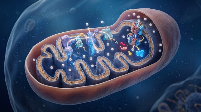 A detailed illustration of a mitochondrion cell organelle with inner structures and functions