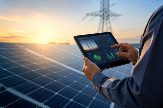 AI generated engineer monitoring solar energy performance digital dashboard at photovoltaic power plant supporting renewable energy smart grid business technology