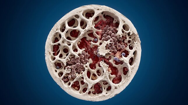 A microscopic view of a bone structure with red marrow and blood cells