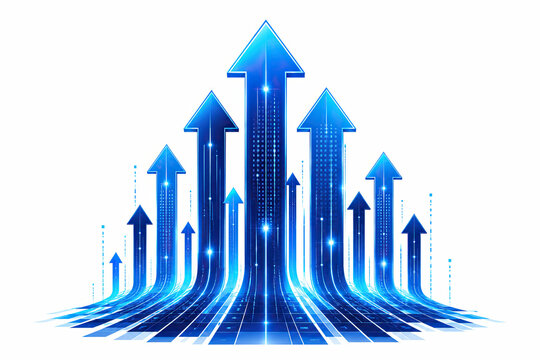Blue glowing arrows pointing up representing business growth and success
