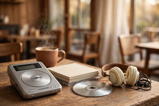 Vintage CD Player with Headphones and Coffee