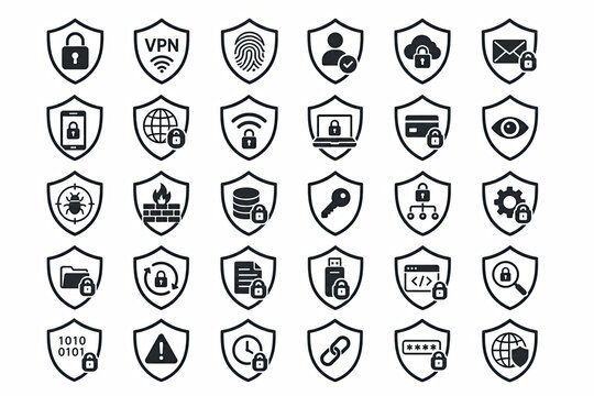 Set of cyber security shield icons for computer and network protection