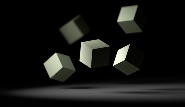 Abstract floating geometric cubes in dark space.