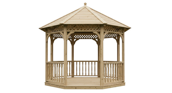A traditional wooden gazebo structure for a beautiful garden or backyard landscape isolated on transparent background
