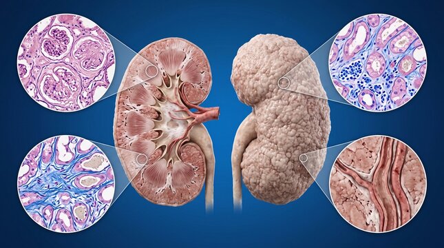 A medical illustration of a healthy and diseased kidney with microscopic tissue samples