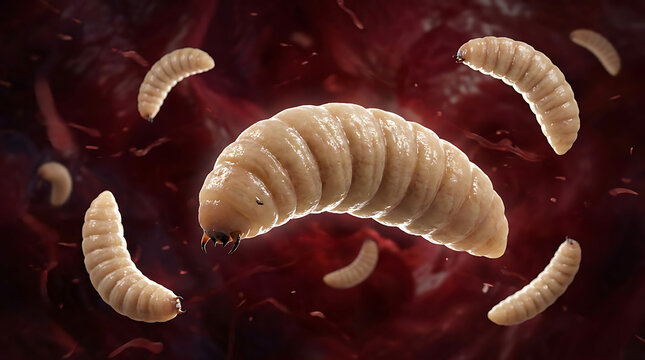 Multiple botfly larvae floating in dark red fluid maggots