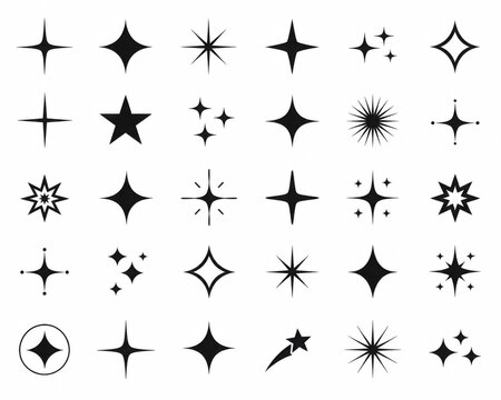 Set of black sparkle and star icon shapes for design elements