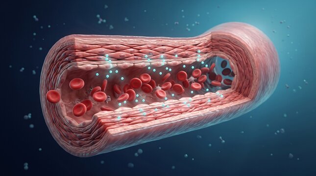A medical illustration of a blood vessel with red blood cells and plasma