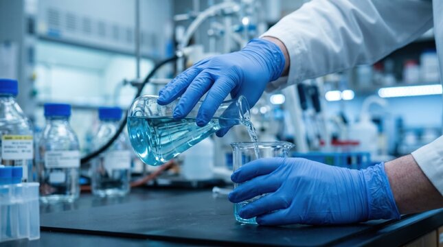 Scientist wearing blue protective medical gloves carefully pours a clear blue liquid from a glass conical flask into a small beaker while working inside a clean and modern research laboratory.
