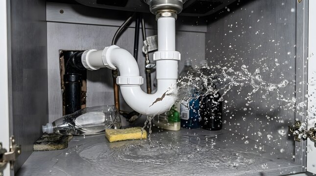 Water spraying from a cracked white plastic pipe under the kitchen sink causing a messy plumbing leak at home indoors