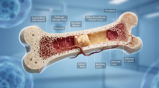 Anatomical illustration of a bone with labeled internal structures in a medical setting