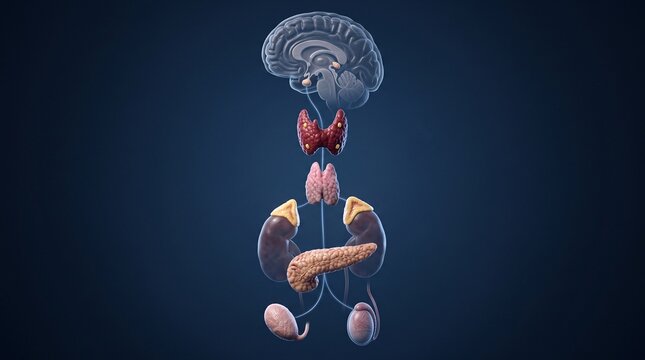 Anatomical illustration of the human endocrine system with various glands and organs