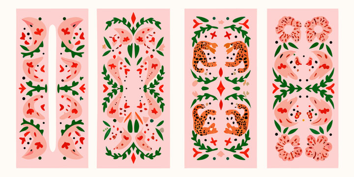 Floral ornament set with leaves and spotted animal shapes vector illustration