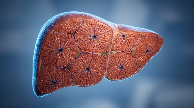 A detailed illustration of a human liver with visible lobules and a blue background