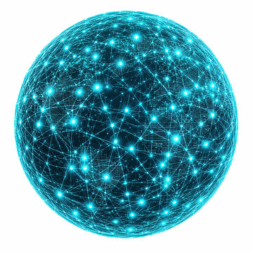 Glowing blue light sphere with sparkling particle dots on white