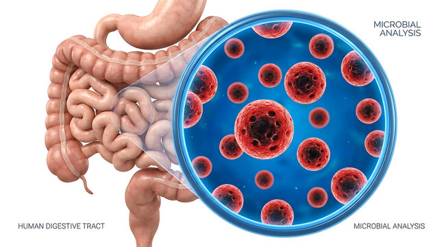Human digestive tract with magnified view of red microorganisms
