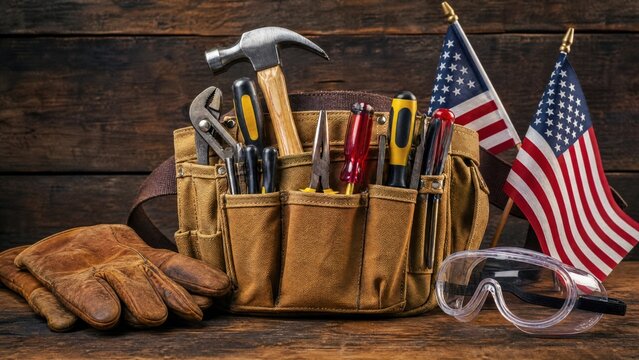 Old toolbox with tools and two american flags on rustic shelf