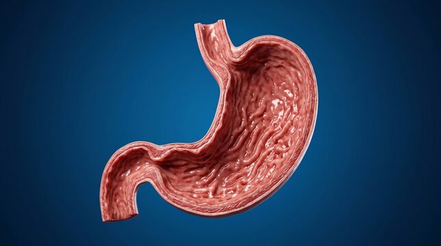 A detailed illustration of the human stomach on a blue background