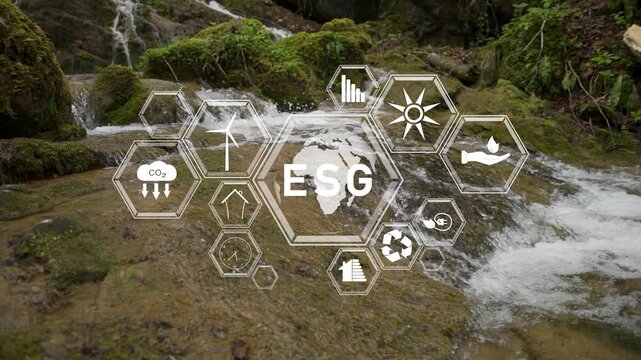  ESG icons on the stream flows over rocky ground in slow motion.