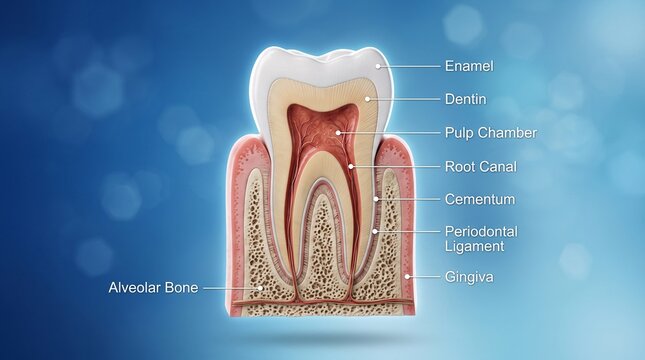 A detailed illustration of a tooth's anatomy with labeled components and structure