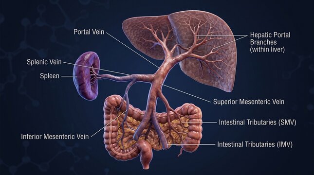 A detailed illustration of the human digestive system with labeled organs and veins