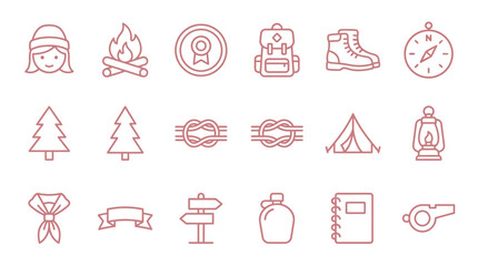 Collection of camping and scouting icons in a simple line art style, perfect for outdoor adventure themes. © xavier