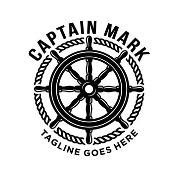 Marine-themed emblem featuring a classic steering wheel for maritime, sailing, adventure, and naval brands.