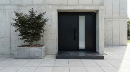Fototapeta premium Modern entrance concrete building has large Minimalist with dark pivot door featuring