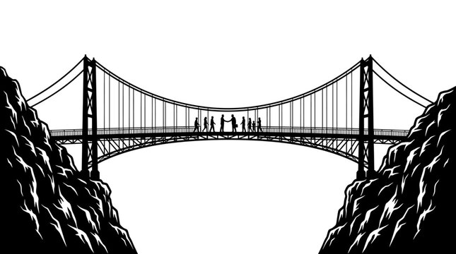 Bridge connecting steep rocky cliffs serves as a metaphor for overcoming challenges and establishing communication between two divided sides, representing strategic partnerships and successful.