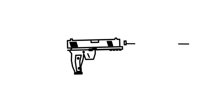 Hand-drawn line art animation of a handgun firing. 4K Video