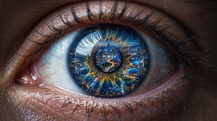 Human eye with a detailed futuristic city reflection inside the pupil showcasing bright glowing lights tall skyscrapers busy highways and modern urban architecture captured in a high resolution macro  © Creative Bkr