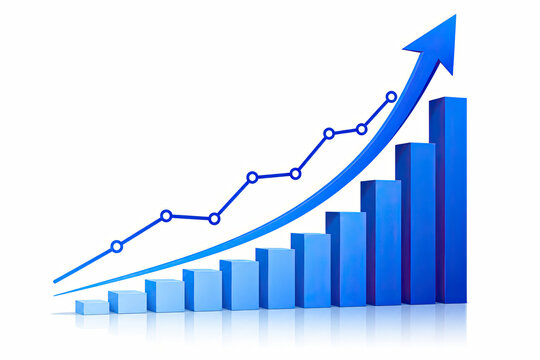 Blue bar chart showing business growth with an upward trend arrow