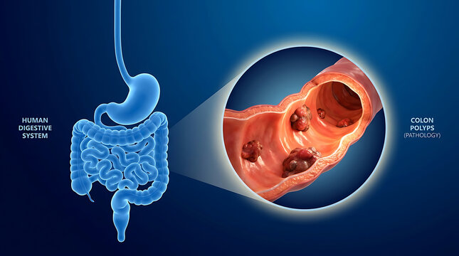 Human digestive system with colon polyps pathology