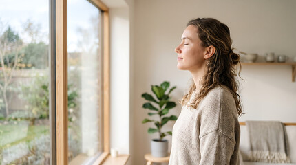 Naklejka premium Young Woman Taking a Deep Breath During a Quiet Wellness Morning