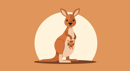 Obraz premium Cartoon kangaroo with joey in pouch standing upright.