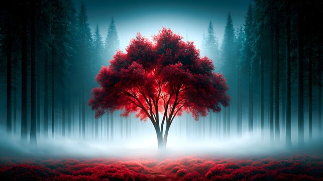 Blood Red Mist Blending into Foggy Dark Forest