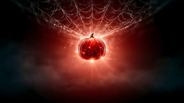 Spider Webs with Red Mist and Glowing Pumpkin